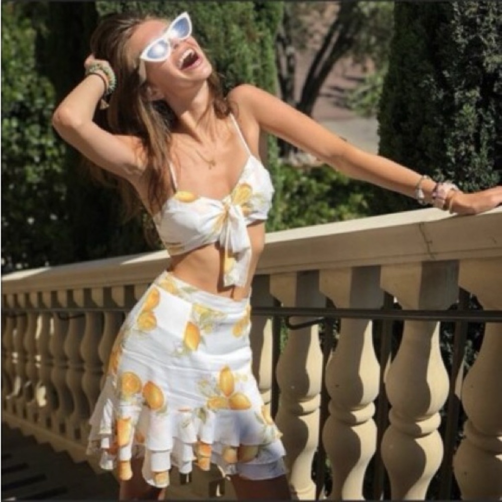 For Love And Lemons limonada crop top skirt set in lemon print